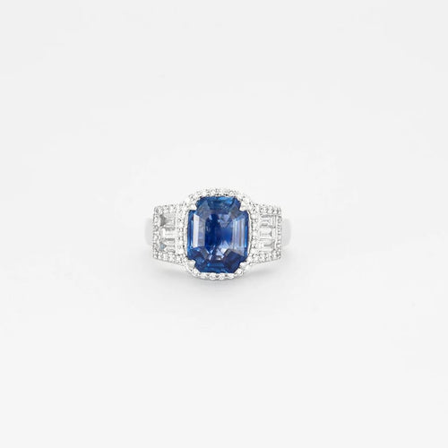 Bague 53 Bague Art déco en or blanc avec saphir de Ceylan et diamants 58 Facettes
