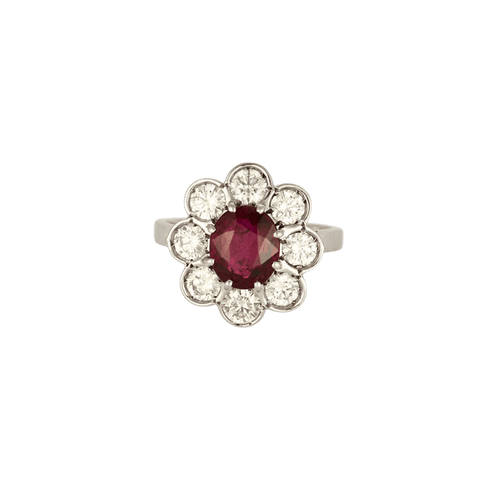 Bague 52 Bague marguerite en platine et or blanc, rubis et diamants 58 Facettes