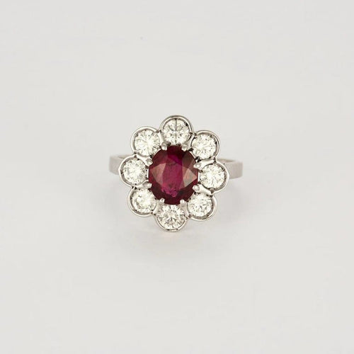 Bague 52 Bague marguerite en platine et or blanc, rubis et diamants 58 Facettes