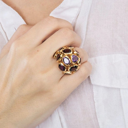 Bague 55 Nardi - Bague sculpturale en or rose 18 carats, améthystes et grenats 58 Facettes
