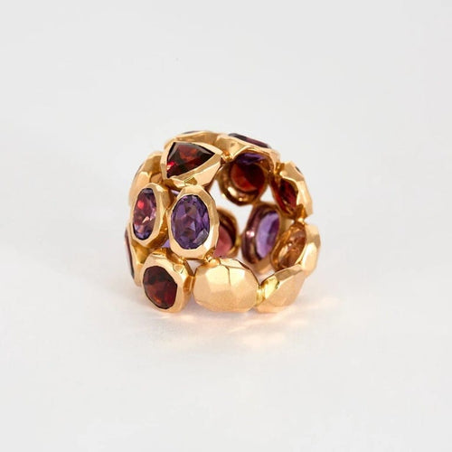 Bague 55 Nardi - Bague sculpturale en or rose 18 carats, améthystes et grenats 58 Facettes