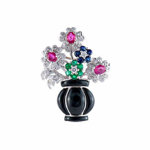 Pendentif Broche-pendentif panier de fleurs Art déco en or blanc 18 k 58 Facettes 446