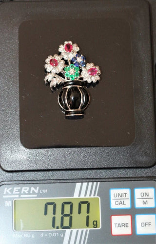 Pendentif Broche-pendentif panier de fleurs Art déco en or blanc 18 k 58 Facettes 446
