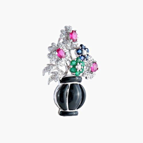 Pendentif Broche-pendentif panier de fleurs Art déco en or blanc 18 k 58 Facettes 446
