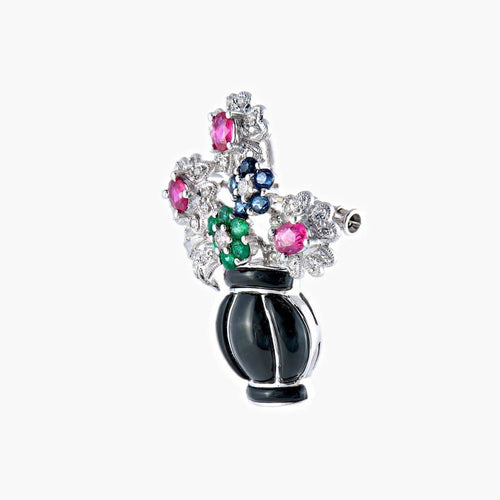 Pendentif Broche-pendentif panier de fleurs Art déco en or blanc 18 k 58 Facettes 446