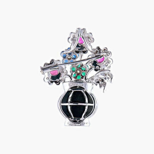 Pendentif Broche-pendentif panier de fleurs Art déco en or blanc 18 k 58 Facettes 446