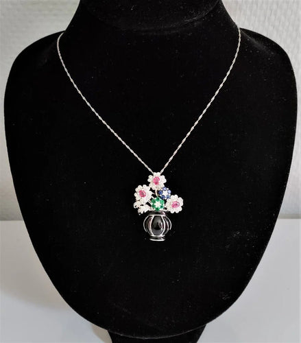Pendentif Broche-pendentif panier de fleurs Art déco en or blanc 18 k 58 Facettes 446