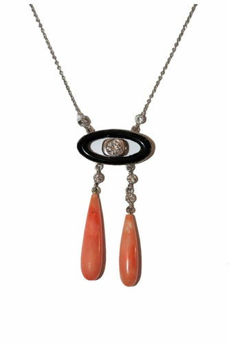 Collier Collier négligé Art déco en or gris 18 k, onyx, corail et diamants 58 Facettes 464