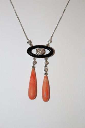 Collier Collier négligé Art déco en or gris 18 k, onyx, corail et diamants 58 Facettes 464