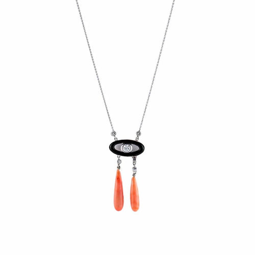 Collier Collier négligé Art déco en or gris 18 k, onyx, corail et diamants 58 Facettes 464