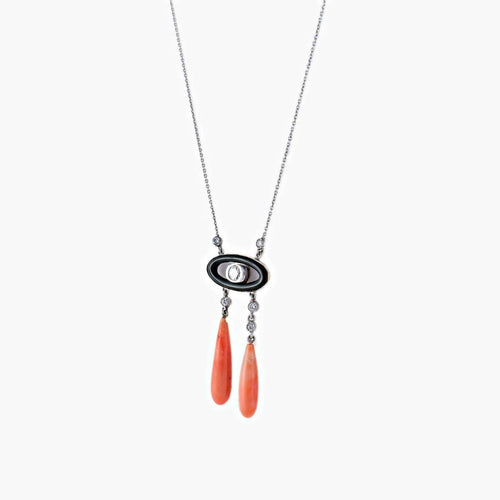 Collier Collier négligé Art déco en or gris 18 k, onyx, corail et diamants 58 Facettes 464