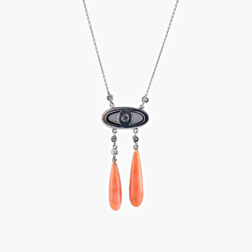 Collier Collier négligé Art déco en or gris 18 k, onyx, corail et diamants 58 Facettes 464