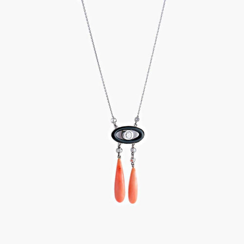 Collier Collier négligé Art déco en or gris 18 k, onyx, corail et diamants 58 Facettes 464
