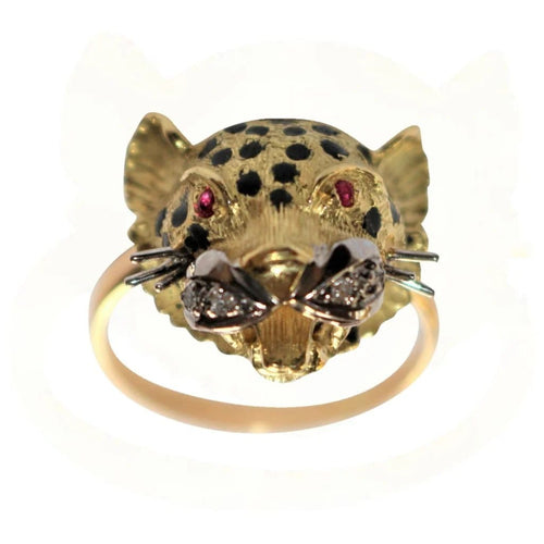 Bague 60 Bague panthère en or jaune 18 carats, émail, diamants et rubis 58 Facettes 329