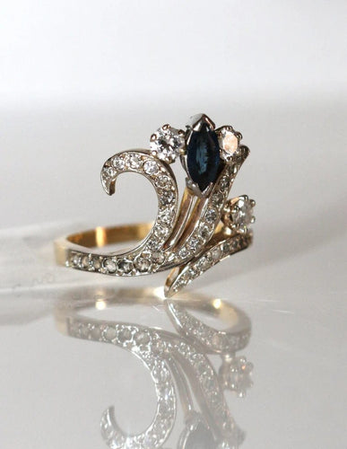 Bague 55 Bague aigrette - Diamants et saphir en or jaune et or blanc 18 carats 58 Facettes 553