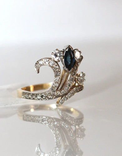 Bague 55 Bague aigrette - Diamants et saphir en or jaune et or blanc 18 carats 58 Facettes 553