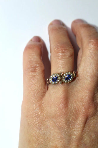 Bague 55 Bague duo ancienne en or jaune 18 carats, perles et pierres bleues 58 Facettes 573