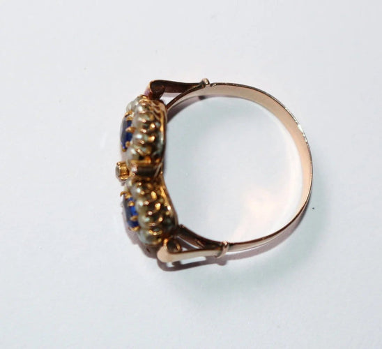 Bague 55 Bague duo ancienne en or jaune 18 carats, perles et pierres bleues 58 Facettes 573