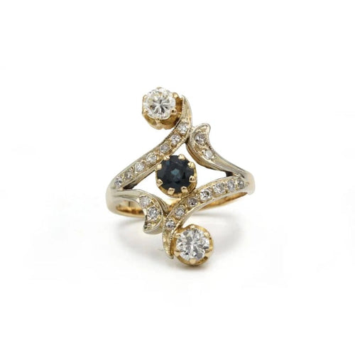 Bague 52 Bague tourbillon Art nouveau 3 pierres en or 750, diamants et saphir 58 Facettes SA007