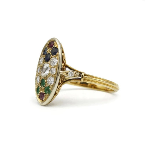 Bague 57 Bague en or jaune 750‰ sertie de diamants, émeraudes, saphirs et rubis 58 Facettes 1034
