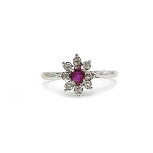 Bague 54 Marguerite - Bague en or blanc 750‰, rubis et diamants 58 Facettes 1133