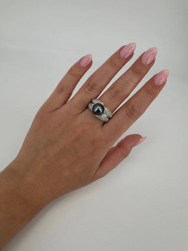 Bague 59 Bague en or blanc 750 avec diamants env. 3 ct et perle de Tahiti 58 Facettes 1237