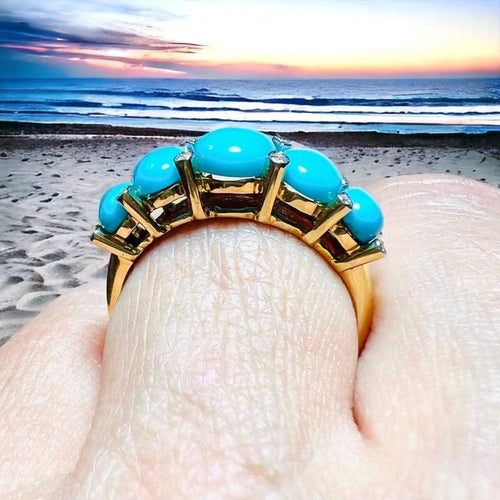 Bague 55 Bague jarretière en or jaune 18 carats turquoises cabochons et diamants 58 Facettes 7739 A