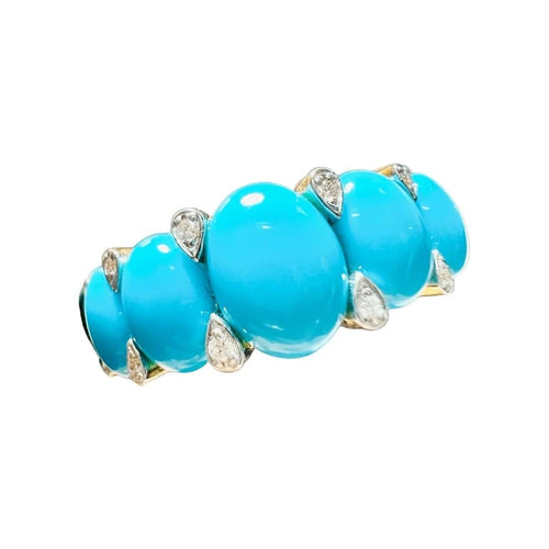 Bague 55 Bague jarretière en or jaune 18 carats turquoises cabochons et diamants 58 Facettes 7739 A