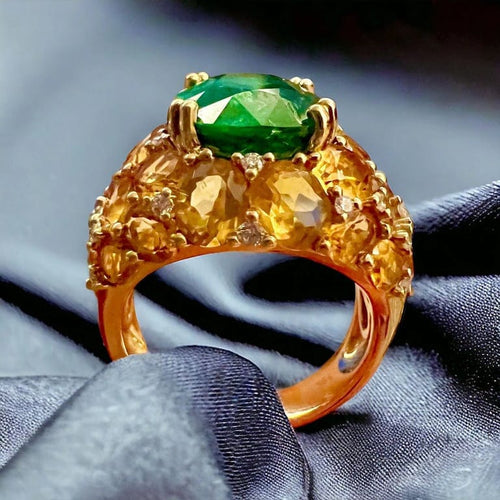Bague 53.5 Bague cocktail - Tsavorite 7,20 ct et citrines en or jaune 18 carats 58 Facettes 7662 A