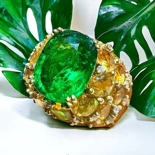 Bague 53.5 Bague cocktail - Tsavorite 7,20 ct et citrines en or jaune 18 carats 58 Facettes 7662 A