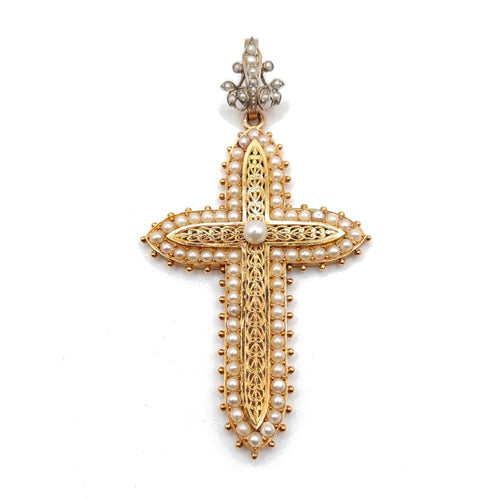 Pendentif Pendentif croix « Royale » en or jaune 18k et perles 58 Facettes 203
