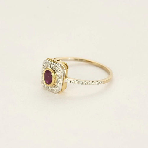 Bague 55.5 Bague rectangle en or jaune et gris 18k, rubis et diamants 58 Facettes PL08