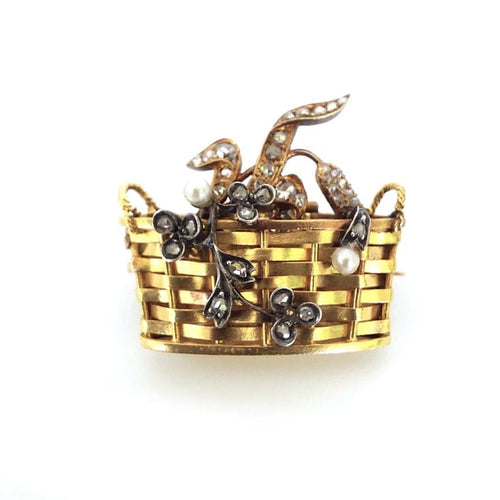 Broche Broche panier XIXe siècle en or jaune 18k, diamants et perles 58 Facettes 74