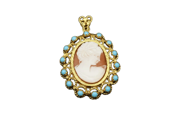 Pendentif Caméo « Gouttes de la mer » - Pendentif en or jaune et perles turquoise 58 Facettes