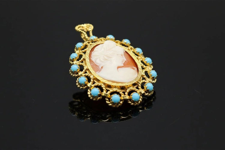 Pendentif Caméo « Gouttes de la mer » - Pendentif en or jaune et perles turquoise 58 Facettes
