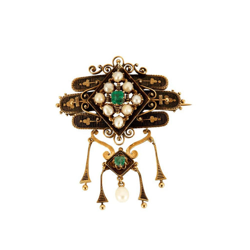 Broche Napoléon III - Broche en or jaune, perles fines et émeraudes 58 Facettes 37200023