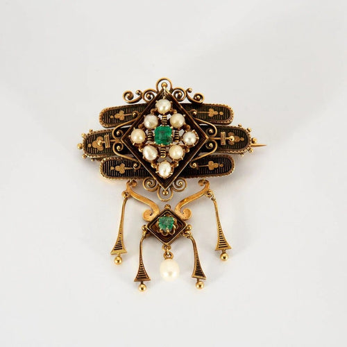 Broche Napoléon III - Broche en or jaune, perles fines et émeraudes 58 Facettes 37200023