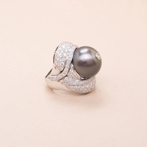Bague 49.5 Bague ruban en or blanc 18K avec diamants et perle de Tahiti 58 Facettes 793967