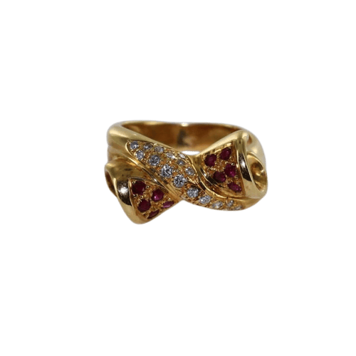 Bague 56 Bague nœud croisée en or jaune 18 carats, diamants et rubis 58 Facettes