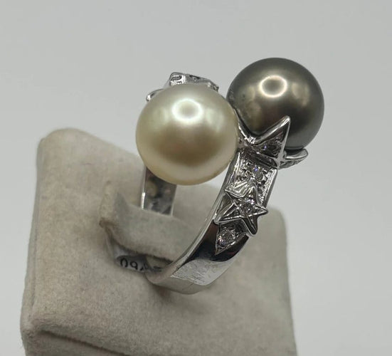 Bague 57 Bague Toi & Moi en or blanc 18 carats avec perles et diamants 58 Facettes