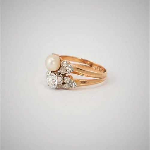 Bague 47.5 Bague toi & moi ancienne en or rose 18k, platine, perle et diamants 58 Facettes LOT 3096