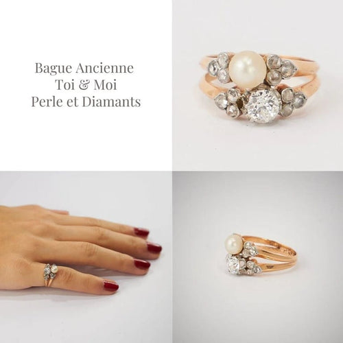 Bague 47.5 Bague toi & moi ancienne en or rose 18k, platine, perle et diamants 58 Facettes LOT 3096