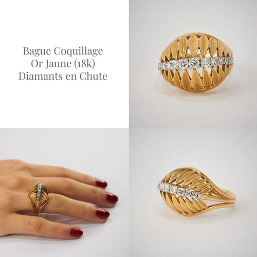 Bague 58 Bague coquillage en or jaune 18k, platine et diamants 58 Facettes LOT 3804