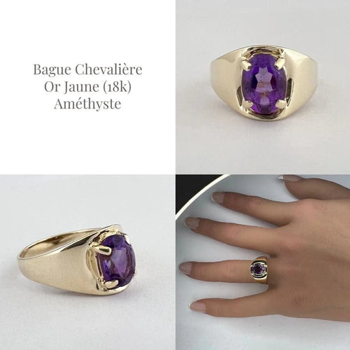 Bague 52 Bague chevalière vintage en or jaune 14k et améthyste 58 Facettes LOT 3279