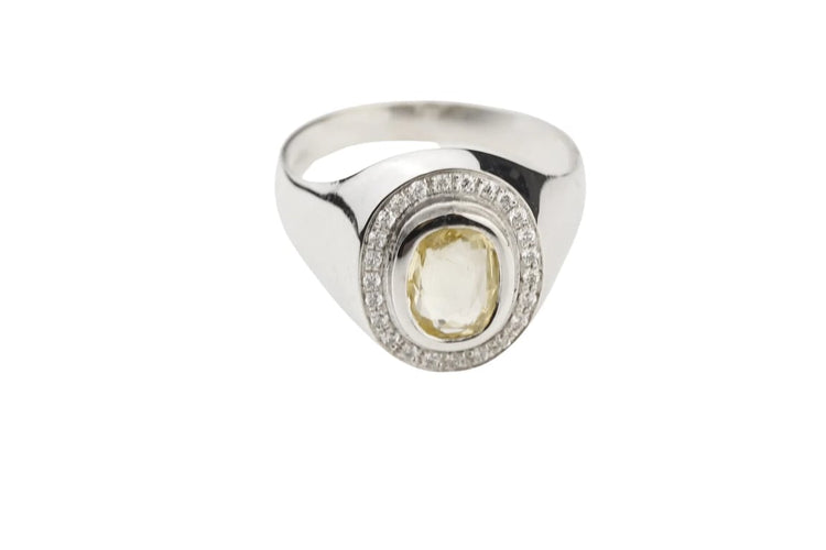 Bague 56 Bague en or blanc 18 carats au saphir jaune et diamants 58 Facettes