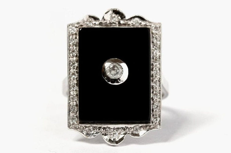 Bague 53 Bague Art déco en or blanc 18 carats, onyx et diamants 58 Facettes