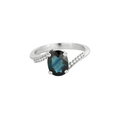 Bague 55 Bague en or blanc 18K avec saphir vert/bleu et diamants 58 Facettes