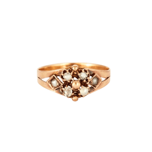 Bague 51 Bague marguerite Napoléon III en or jaune, diamants et perles 58 Facettes