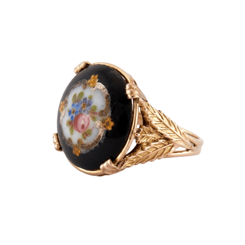 Bague 54 Bague cabochon en porcelaine en or jaune 18 carats 58 Facettes