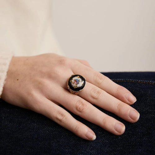 Bague 54 Bague cabochon en porcelaine en or jaune 18 carats 58 Facettes